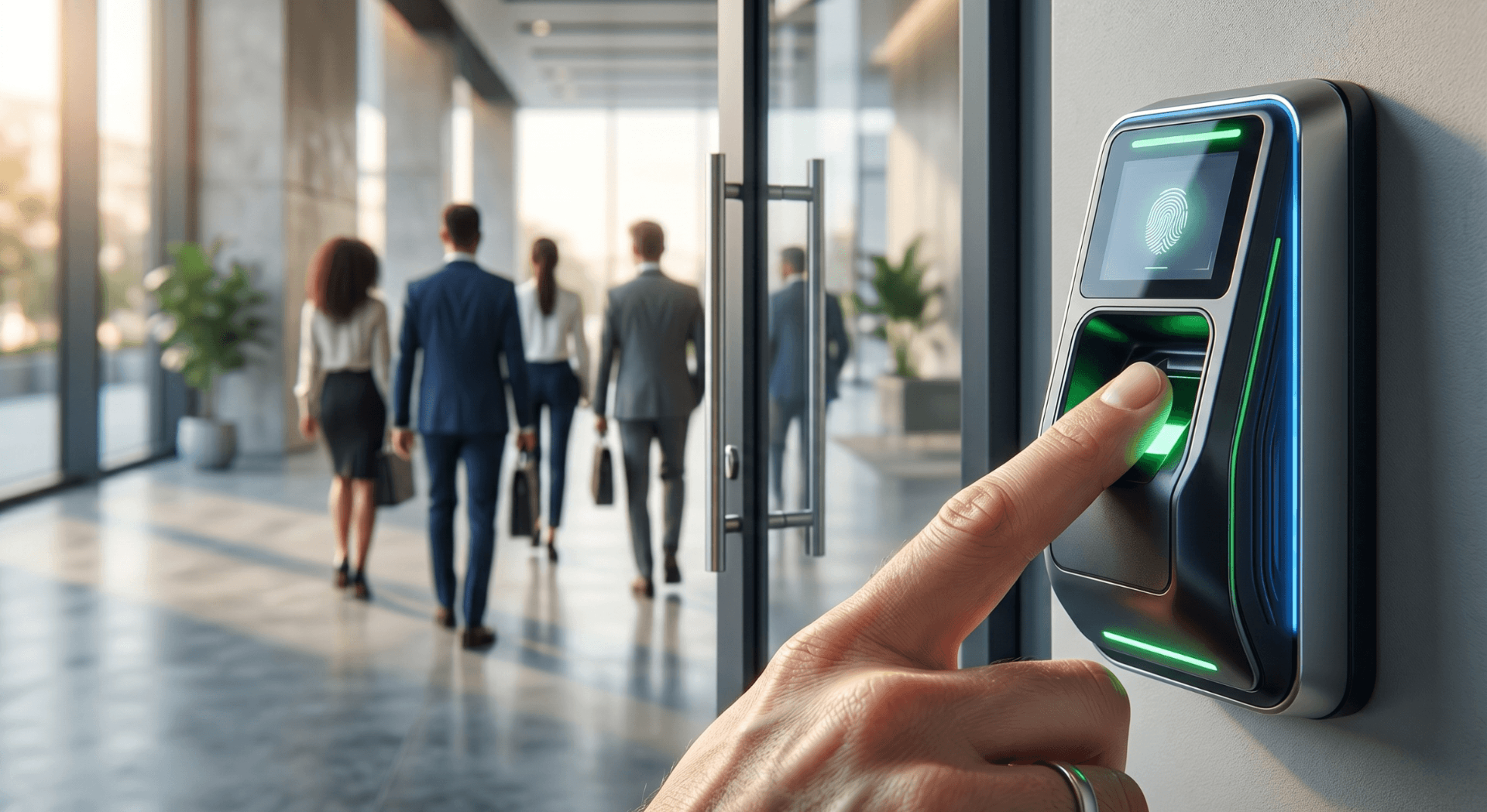 IDS-installed glass revolving door entry system in a corporate lobby